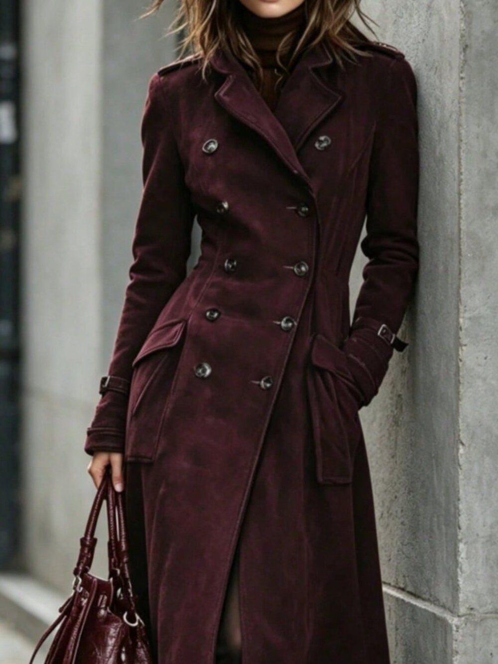 Maroon Elegant Women's Double-Breasted Hooded Long Coat - Picture 2 of 3